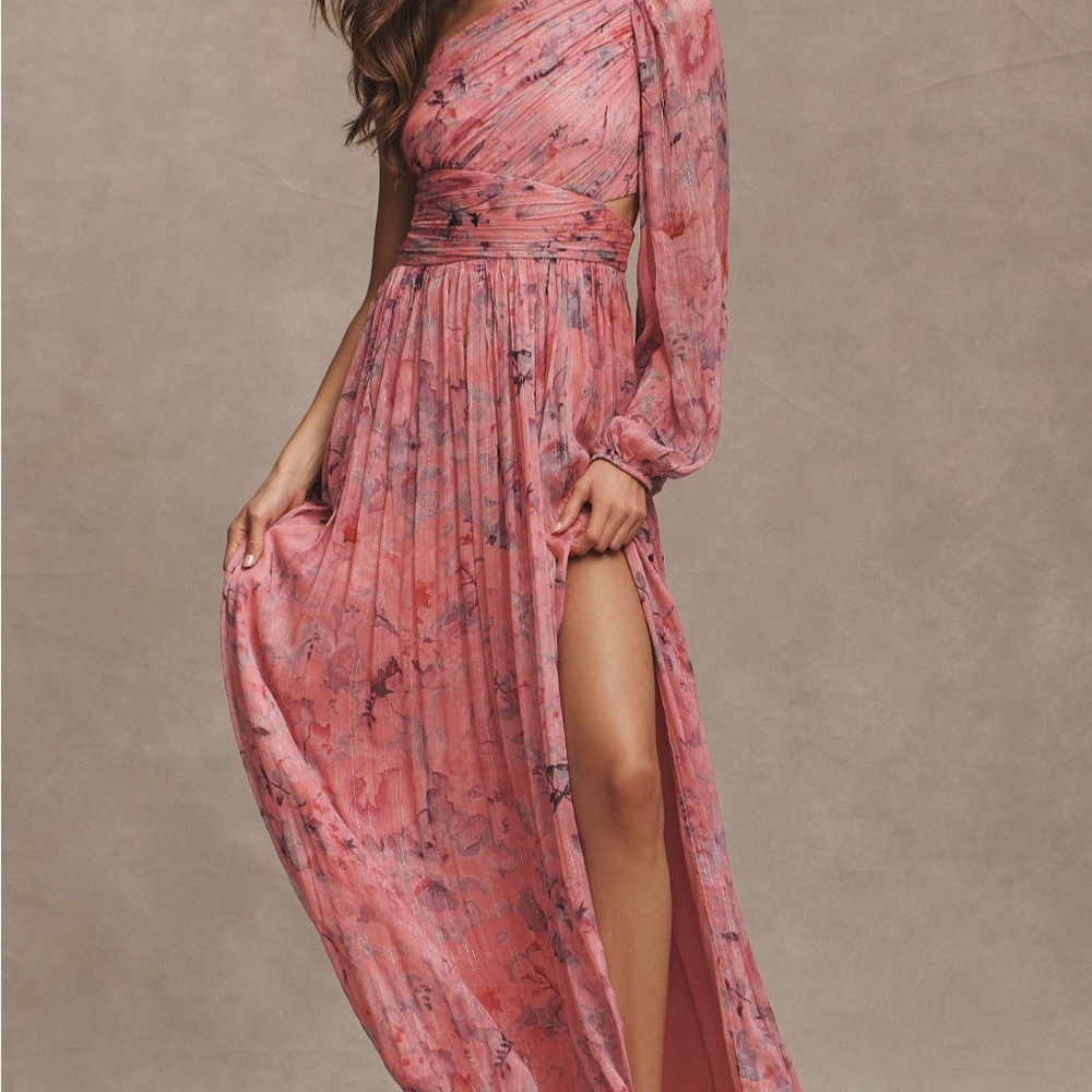 BHLDN Iris one shoulder gown cut out printed chiffon gown.